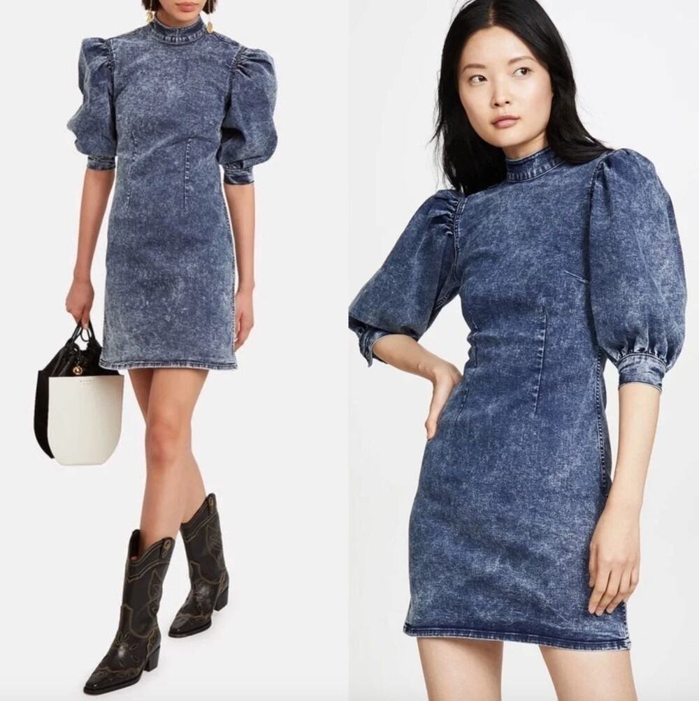 GANNI Acid Wash Denim Puff Sleeve Mini Dress Size EU 42 Large